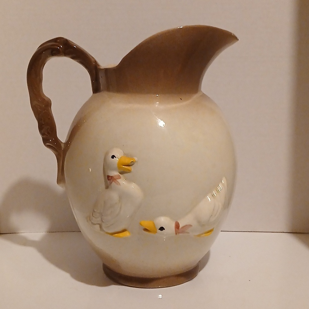 Vintage 80s Ceramic Duck Pitcher - Brown and Cream Farmhouse